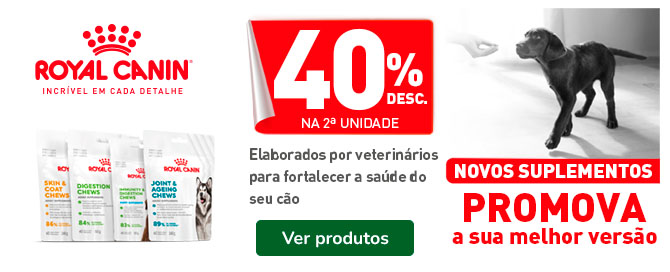 Desconto de 40% na 2ª unidade em suplementos nutricionais para gatos da Royal Canin. Promoção válida numa seleção de produtos de apoio à saúde e bem-estar dos patudos felinos.