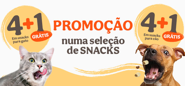 Adicione 5 unidades de snacks ao carrinho e pague apenas 4, numa seleção de snacks para cão e gato.