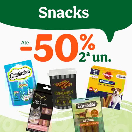 50% de desconto na 2ª unidade de snacks para cão e gato.