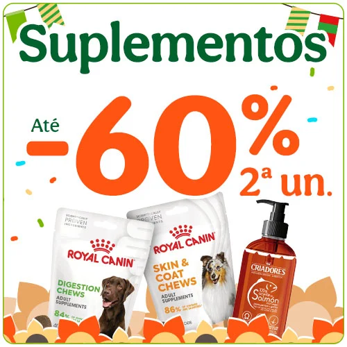 Até 60% de desconto na segunda unidade de suplementos para o seu animal de estimação.