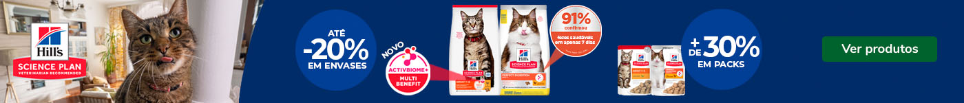 Hill's Science Plan: 20% de desconto em ração para gato + 30% de desconto em packs de alimento húmido.