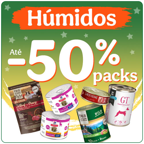 Até 50% de desconto em packs de alimento húmido para o seu animal.
