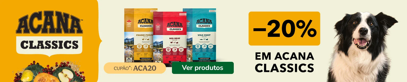 At&eacute; 20% de desconto numa sele&ccedil;&atilde;o de ra&ccedil;&atilde;o da Acana para c&atilde;o.