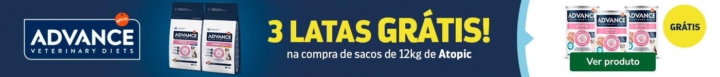 Até 3 latas de Atopic húmido grátis na compra de ração veterinária para cão da Advance.