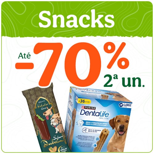 Até 70% de desconto na 2.ª unidade de snacks para cães.