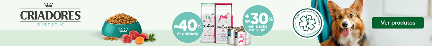 Criadores: 40% de desconto na 2ª unidade de ração veterinária e +30% de desconto em packs de 12 húmidos para cão.