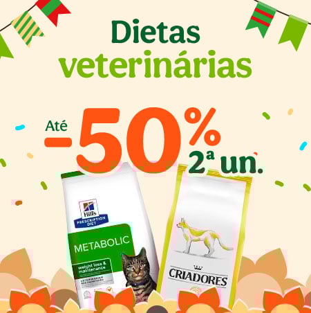 Até 50% de desconto na 2ª unidade numa seleção de dietas veterinárias para gato. Apoio nutricional adaptado.