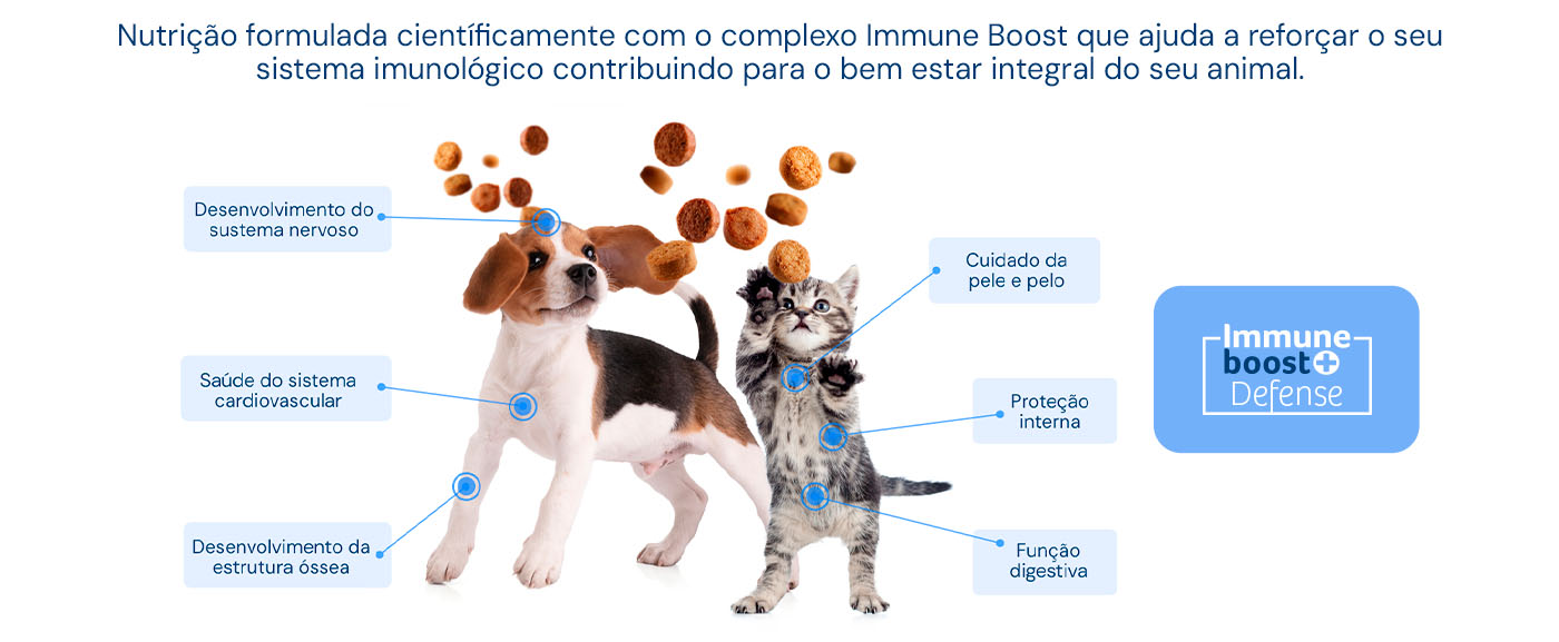 Nutrição formulada com o complexo Immune Boost que reforça o sistema imunológico dos cães e gatos Nutrição formulada com o complexo Immune Boost que reforça o sistema imunológico dos cães e gatos