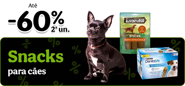 Até 60% de desconto na 2ª unidade de snacks para o seu patudo.