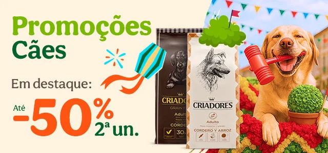 50% de desconto na segunda unidade numa seleção de ração para cães e gatos da marca Criadores, promoção especial Tiendanimal.