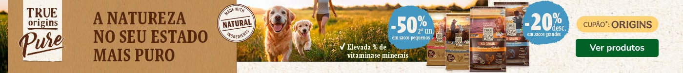 True Origins Pure: 20% de desconto em sacos grandes e 50% de desconto na 2ª unidade de sacos pequenos de ração para cão. True Origins Pure: 20% de desconto em sacos grandes e 50% de desconto na 2ª unidade de sacos pequenos de ração para cão.