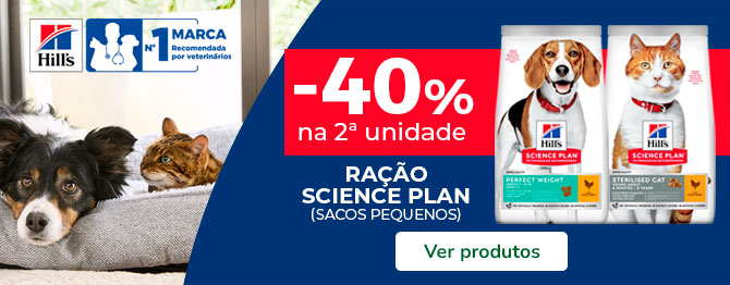 Promoção Hill’s Science Plan para cães: 40% de desconto na 2.ª unidade de ração seca em formatos pequenos.
