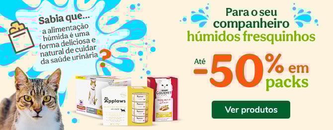 Até 50% de desconto na 2ª unidade em packs de comida húmida para gato. Sabor e nutrição diária.