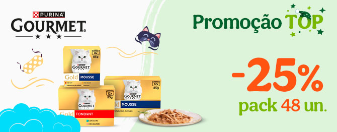 25% de desconto em pack de 48 unidades de comida húmida Gourmet para gato na Tiendanimal. Aproveite esta oferta para mimar o seu felino com sabor e qualidade.