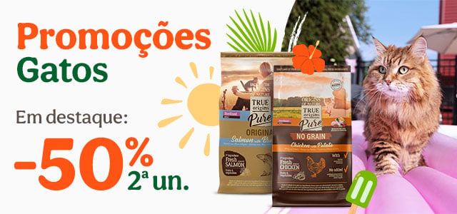 True Origins Pure: 50% de desconto na 2ª unidade de ração e 25% de desconto em packs de alimento húmido para gato.