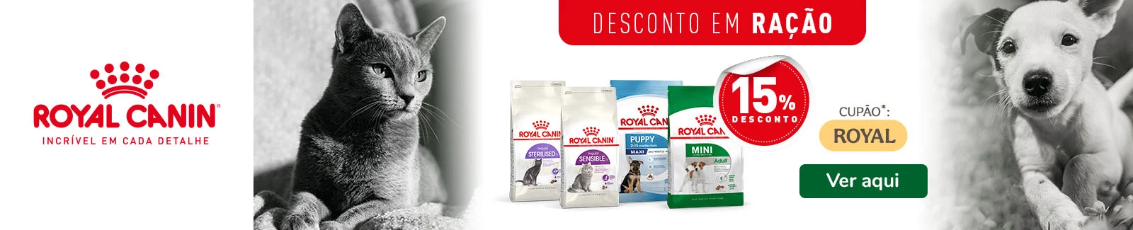 15% de desconto numa seleção de ração para cão e gato da Royal Canin. Promoção válida em alimentação seca formulada para as necessidades específicas dos patudos.