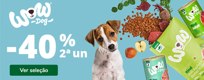 40% de desconto na 2ª unidade de comida húmida para cão da Wow. Promoção válida em packs selecionados.