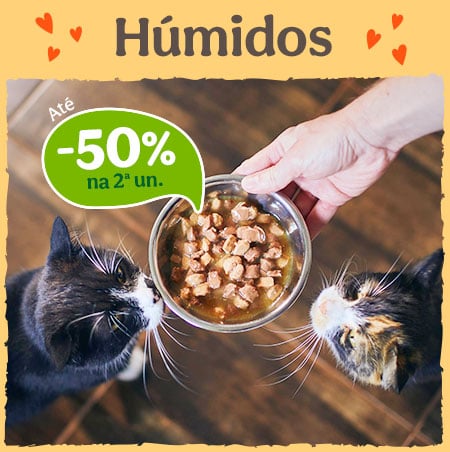 Até 50% de desconto na 2ª unidade em packs de comida húmida para gato. Sabor e nutrição diária.