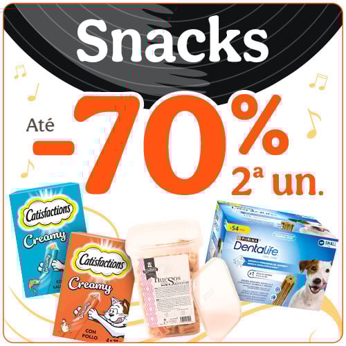 Até 70% de desconto na 2ª unidade de snacks para o seu patudo.