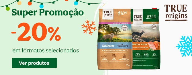 -20% em rações True Origins para cães e 2kg GRÁTIS em rações para gatos