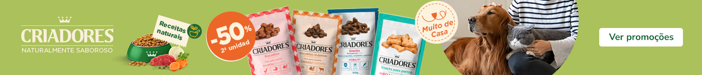 Promoção Criadores: 50% de desconto na 2.ª unidade de snacks para cães e gatos.
