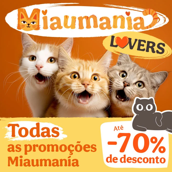Promoções para gatos com até 70% de desconto em alimentação, snacks e acessórios.