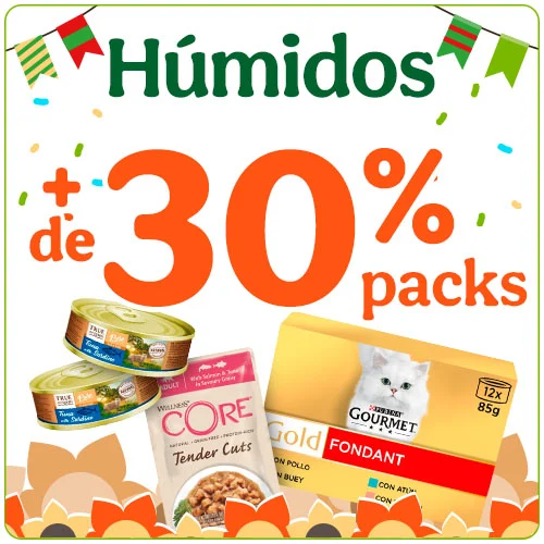 Mais de 30% de desconto em packs de comida húmida para gatos.