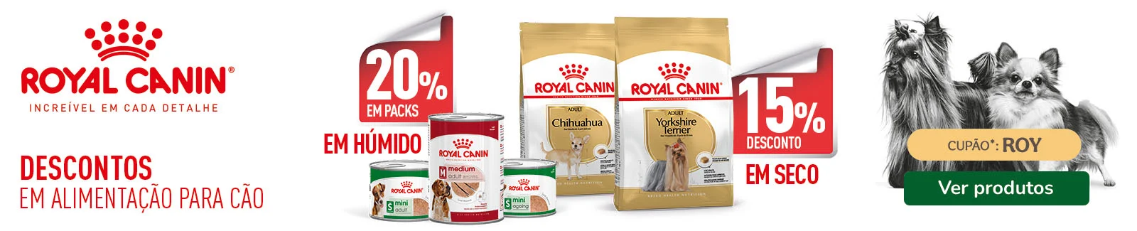 Royal Canin: 15% de desconto em ra&ccedil;&atilde;o e 20% de desconto em packs de alimento h&uacute;mido para c&atilde;o.