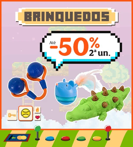 Até 50% de desconto na 2.ª unidade de brinquedos para cães e gatos.