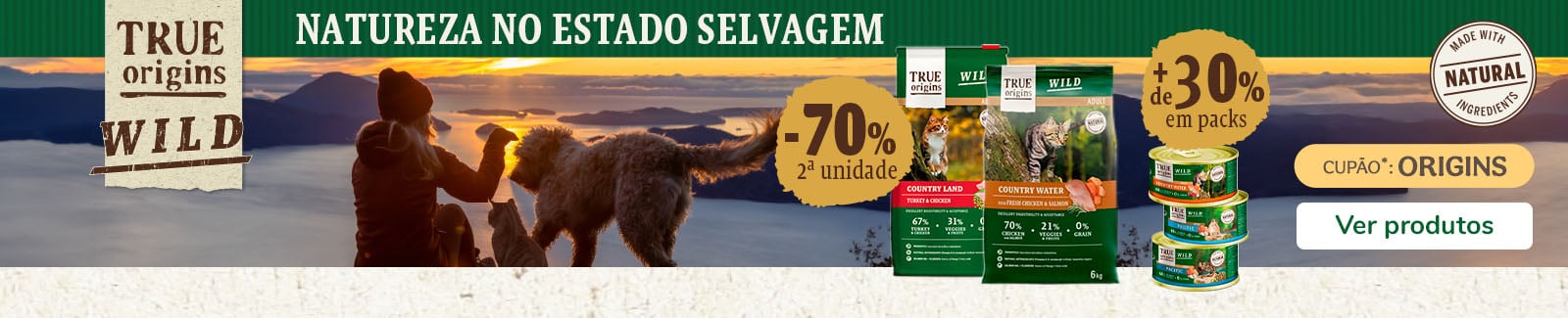 True Origins Wild: 70% de desconto na 2ª unidade de ração e mais de 30% de desconto em packs de húmidos para  gato. True Origins Wild: 70% de desconto na 2ª unidade de ração e mais de 30% de desconto em packs de húmidos para  gato.