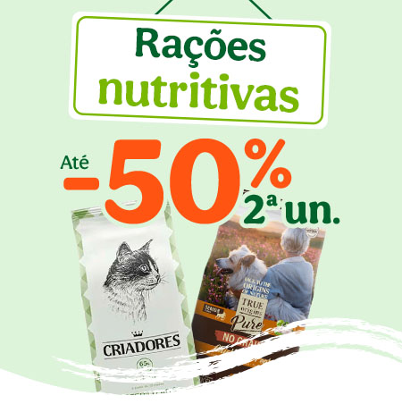 Até 50% de desconto na 2ª unidade numa seleção de ração para cão e gato. Aproveite já para poupar.