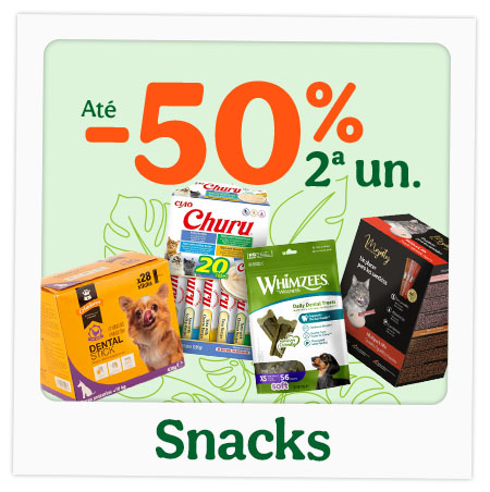 Até 50% de desconto na 2ª unidade de snacks para o seu patudo.