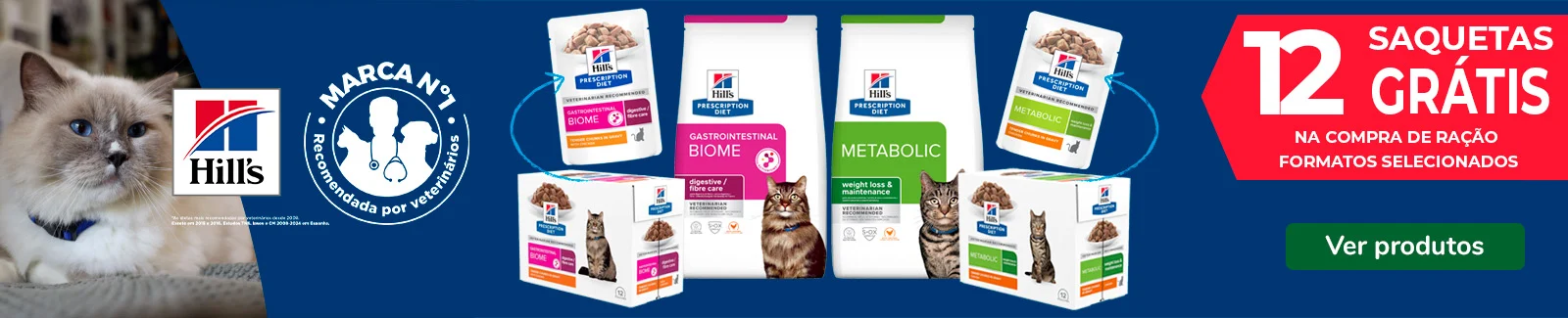 Na compra de dietas Hill's para gato, receba um pack de 12 saquetas de comida húmida gratuitamente. Promoção ideal para cuidar da saúde do seu felino com alimentação veterinária completa.