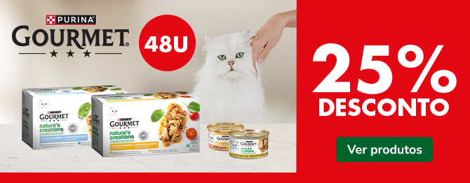 25% de desconto em pack de 48 unidades de comida húmida Gourmet para gatos.