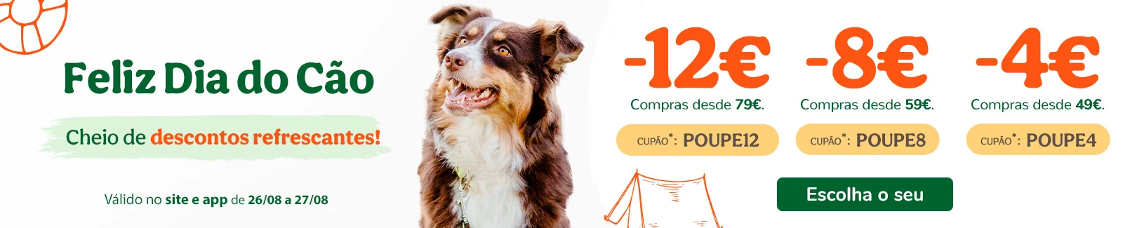 12€, 8€ ou 4€ de desconto em compras de alimentação, acessórios e higiene com os cupões: POUPE12, POUPE8, POUPE4