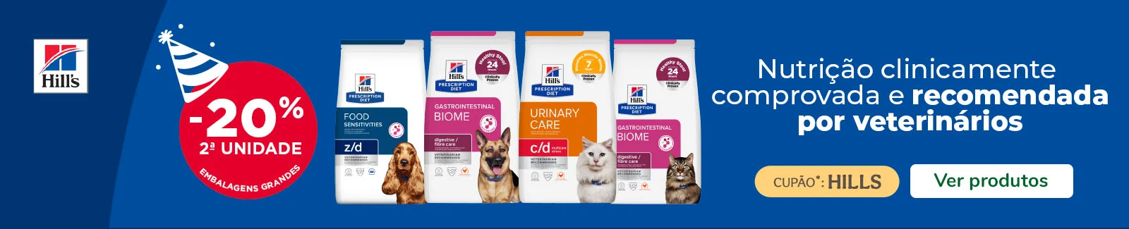 At&eacute; 20% de desconto na 2&ordf; unidade de uma sele&ccedil;&atilde;o de ra&ccedil;&atilde;o (sacos grandes) para c&atilde;o da Hill's Prescription Diet.