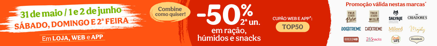 Promoção de fim de semana: até 50% de desconto na 2ª unidade em produtos selecionados para cão e gato.