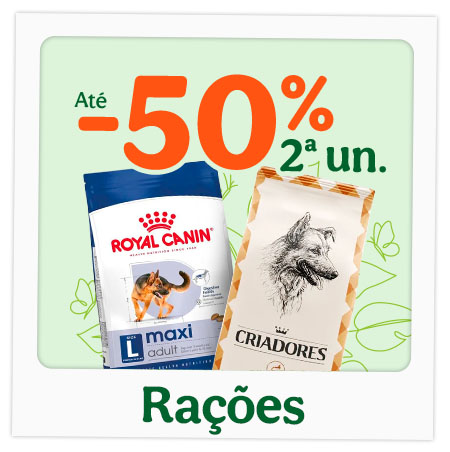 Até 50% de desconto na 2.ª unidade de ração para cães.