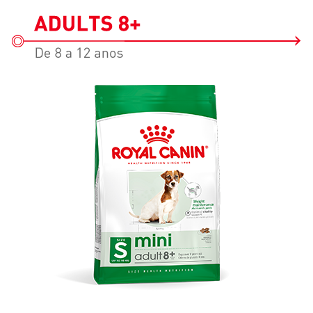 Royal Canin Mini Adult 8+ para cães de raças pequenas (entre 1 kg e 10 kg) a partir dos 8 anos.