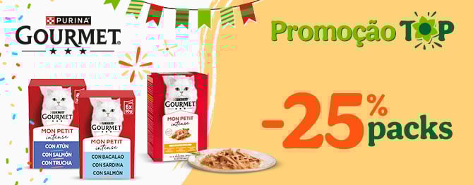 25% de desconto em packs de comida húmida para gato da Gourmet. Promoção válida em alimentação húmida premium com diferentes texturas e sabores para o seu patudo.