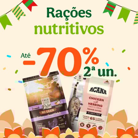 Até 70% de desconto na 2ª unidade numa seleção de ração para gato. Nutrição ao melhor preço.