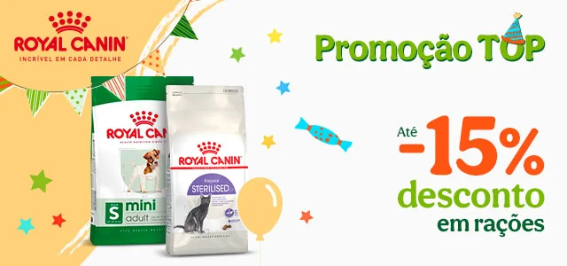 Até 15% de desconto numa seleção de rações para cães e gatos da Royal Canin.