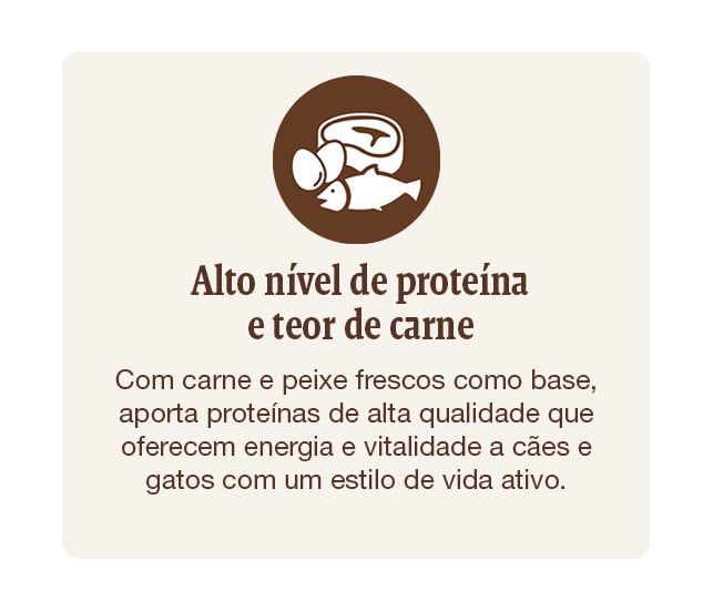 Alimentação com alto nível de proteína que fornece energia e vitaminas a cães e gatos com um estilo de vida ativo