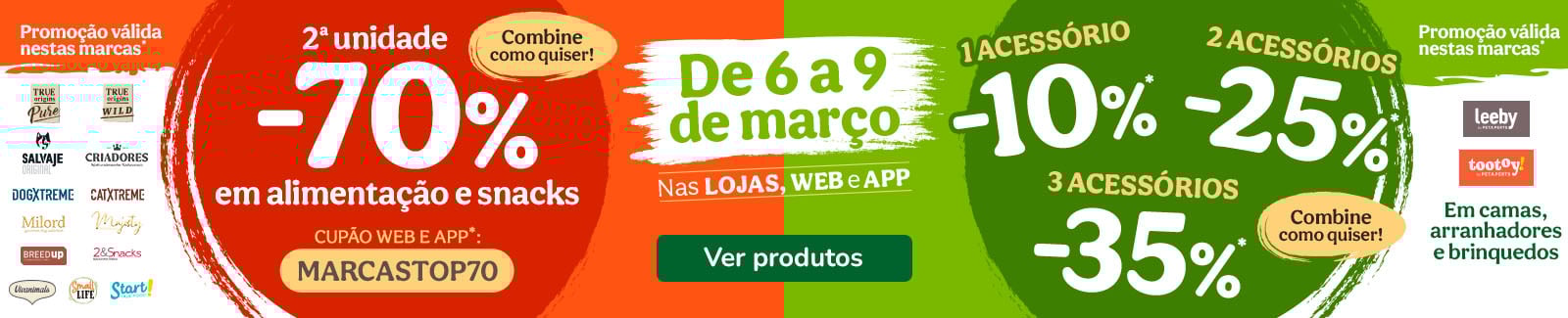 At&eacute; 70% de desconto na 2&ordf; unidade de alimenta&ccedil;&atilde;o e at&eacute; 35% de desconto em acess&oacute;rios para o seu patudo.