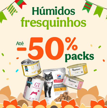 Comida húmida: Até 50% de desconto em packs selecionados.
