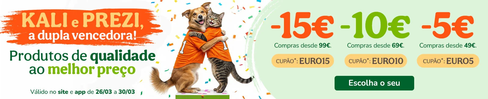 15&euro; de desconto em compras desde 89&euro; com o cup&atilde;o: EURO15 ou 10&euro; de desconto em compras desde 59&euro; com o cup&atilde;o: EURO10 ou 5&euro; de desconto em compras desde 49&euro; com o cup&atilde;o: EURO5