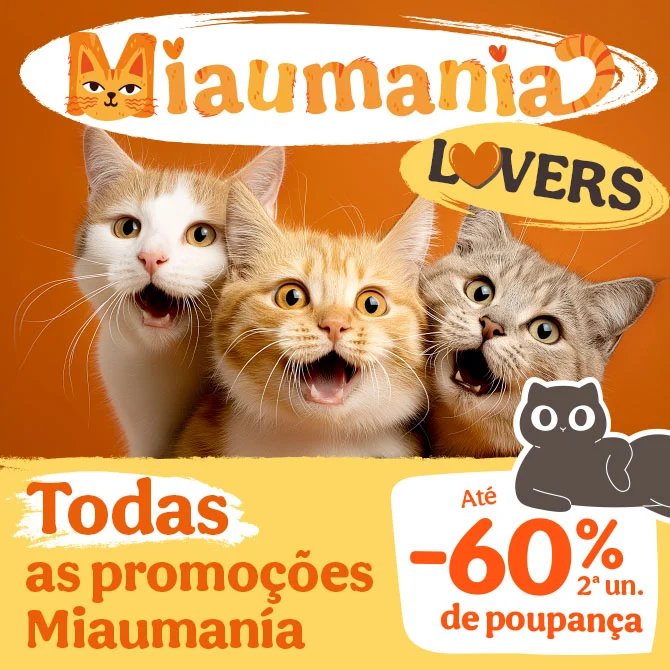 Promoções para gatos com até 60% de desconto em alimentação, snacks e acessórios.