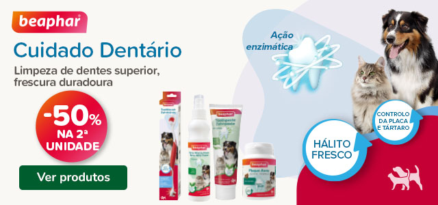 Beaphar: 50% de desconto na 2.ª unidade de produtos para saúde dentária.