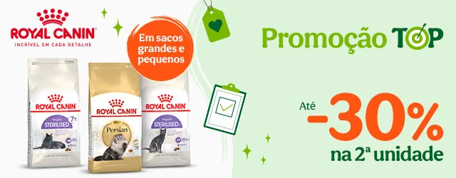 Royal Canin: 15% de desconto em sacos grandes e 30% de desconto na 2ª unidade em sacos pequenos de ração para gato.
