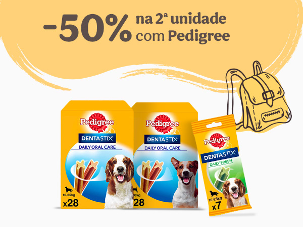50% desconto na 2ª un. snacks Pedigree